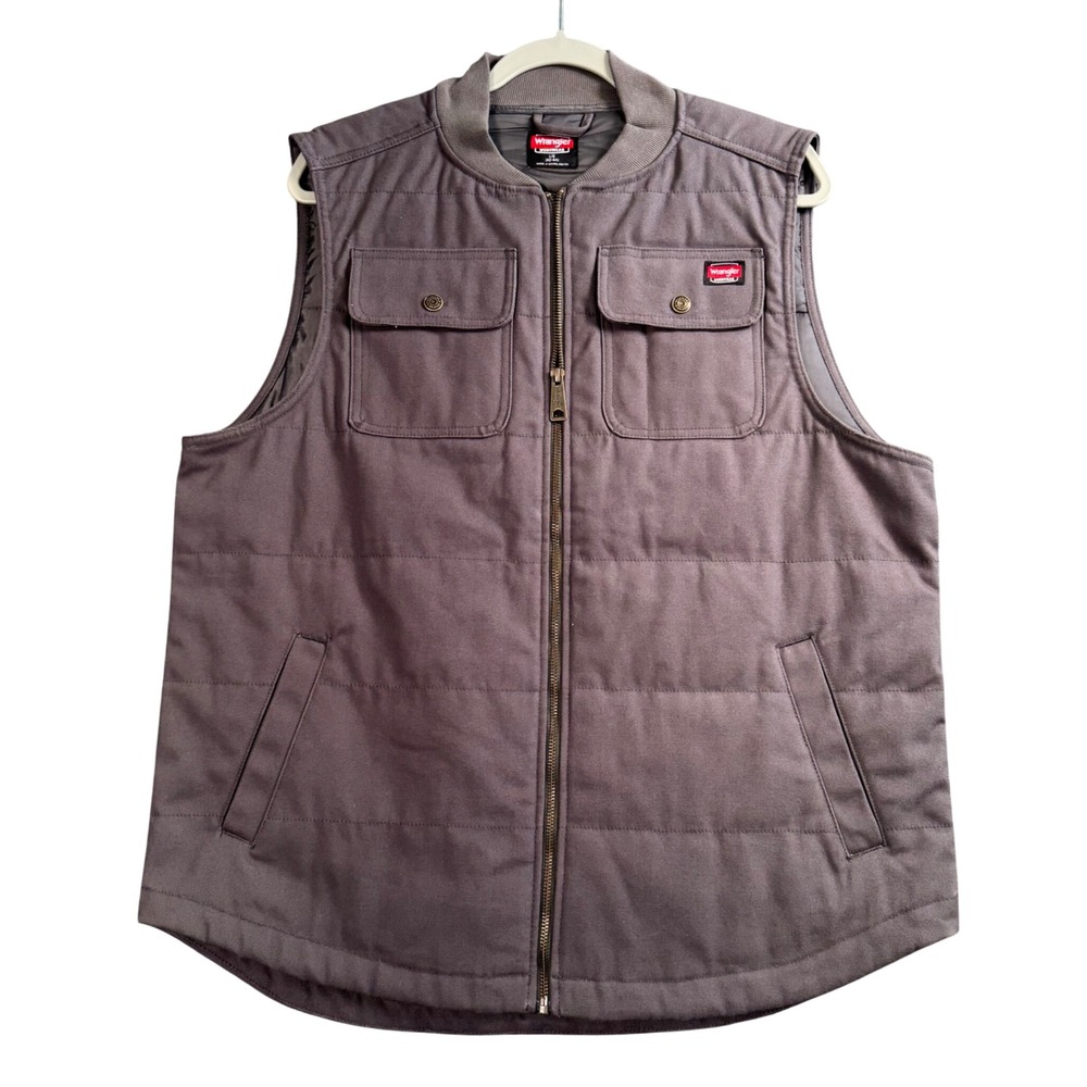 Wrangler Workwear Vest Men L Gray Quilted Canvas Utility Full Zip Outdoor Rugged